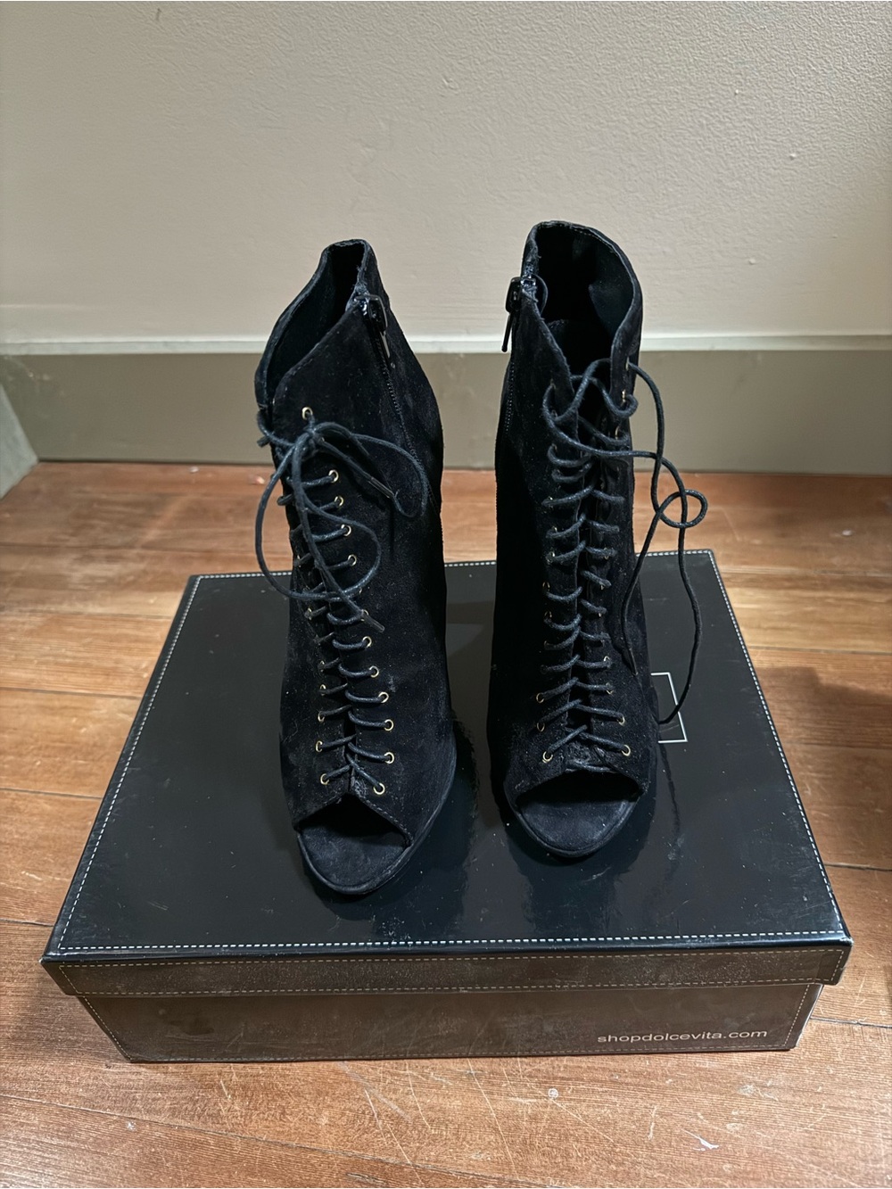 Dolce Vita Black Suede Lace-Up Peep-Toe Ankle Boots
